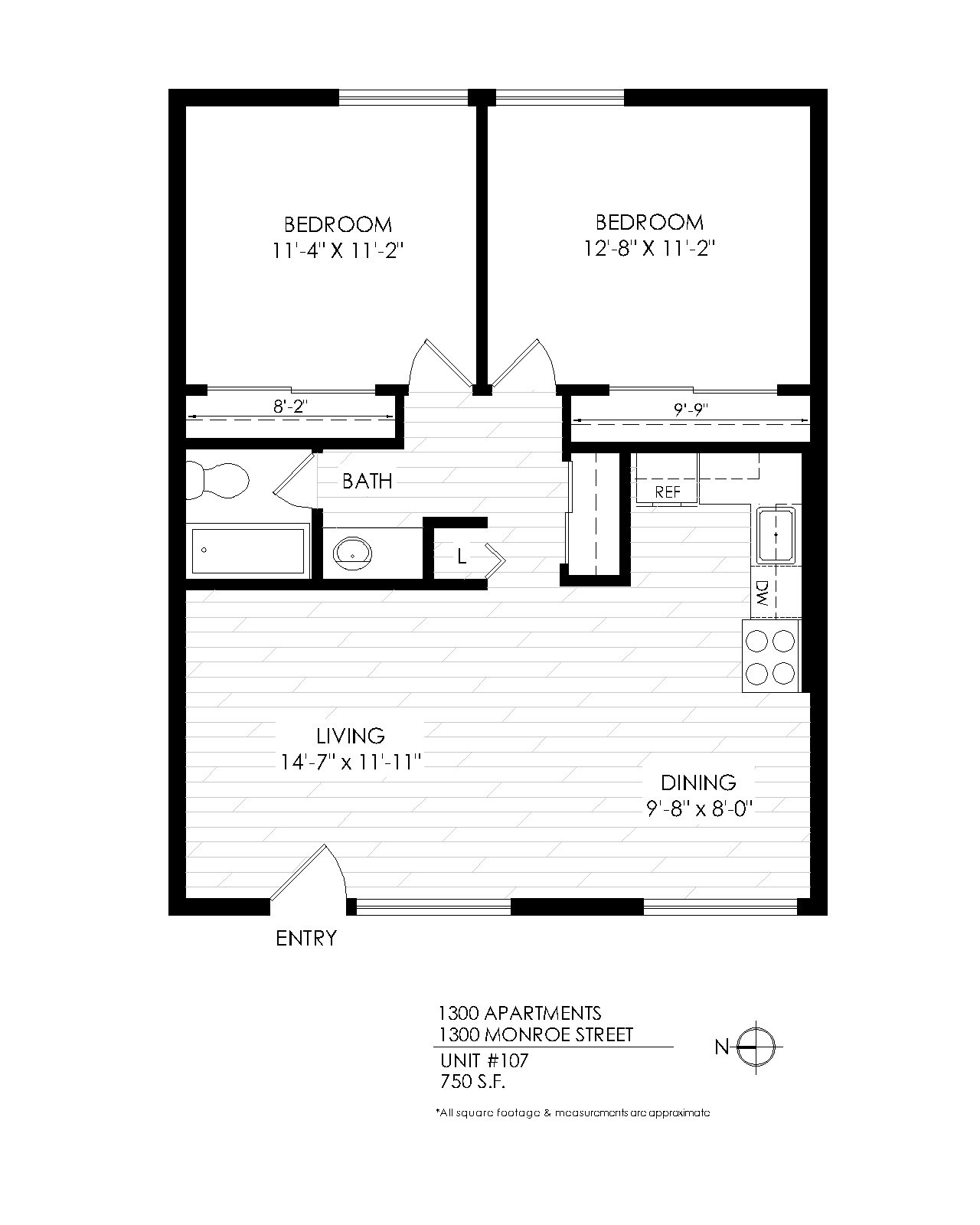 Floor plan for 2 beds, 1 bath, 785 sqft
